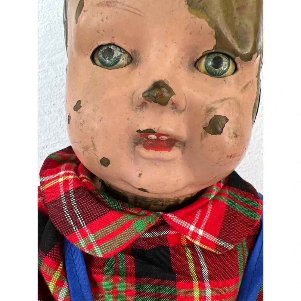 Metal Tin Vintage Antique Doll Creepy Large Eyes Move Cast Rare Boy‎ Guy